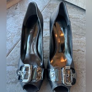 GUESS Silver and Black Women's Heels with Buckle Accent
